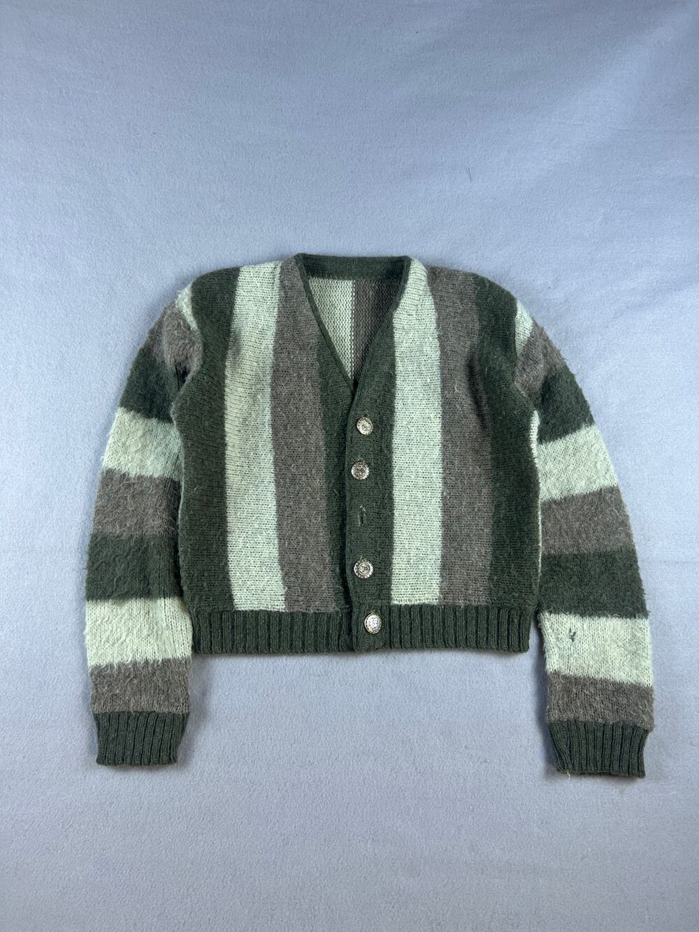 Vintage Cardigan Womens XS Green Gray Button Up Striped Fuzzy Layering Sweater